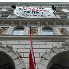 Aktivisten an Hauswand abgeseilt mit einem Transparent mit der Aufschrift: Stopp der ÖVP-Tierqualpolitik!