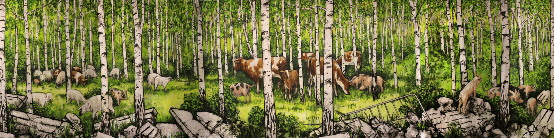 Gemälde: Wiese von Hartmuth Kiewert – Tiere im Wald zwischen Ruinen